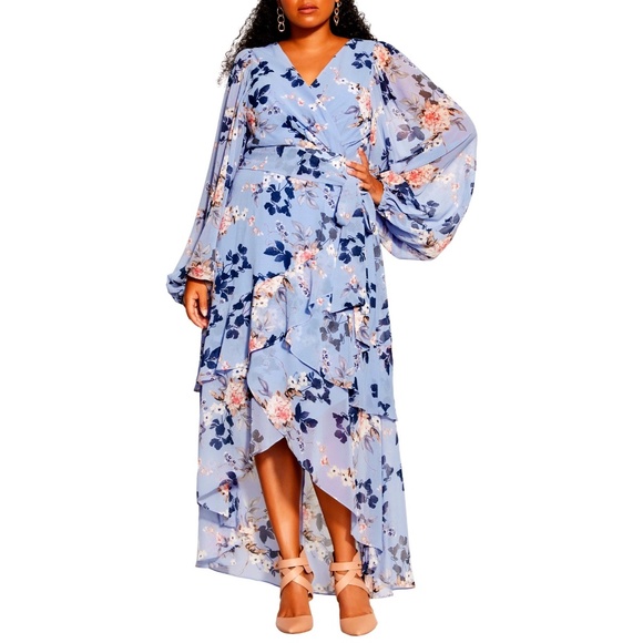 ON SALE! City Chic Elodie Floral Long Sleeve High-Low Dress in Ice Bluebell - Picture 1 of 5